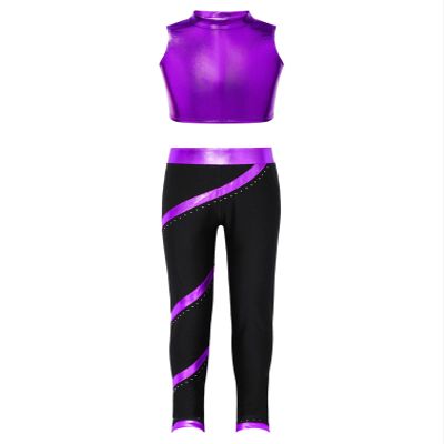 Fldy Kids Girls Sport Outfits Shiny Mock Neck Crop Tank Tops and Yoga Pants Set Jazz Hip-hop Dance Outfits Purple 12 Years