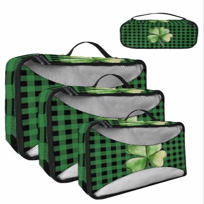 4 Set Packing Cubes for Travel Luggage Organizer Bags St. Patrick's Day Lucky Shamrock Green Plaid Travel Cubes for Carry on Suitcases Travel Bags Space Saving Travel Accessories (XL, L, M, S)