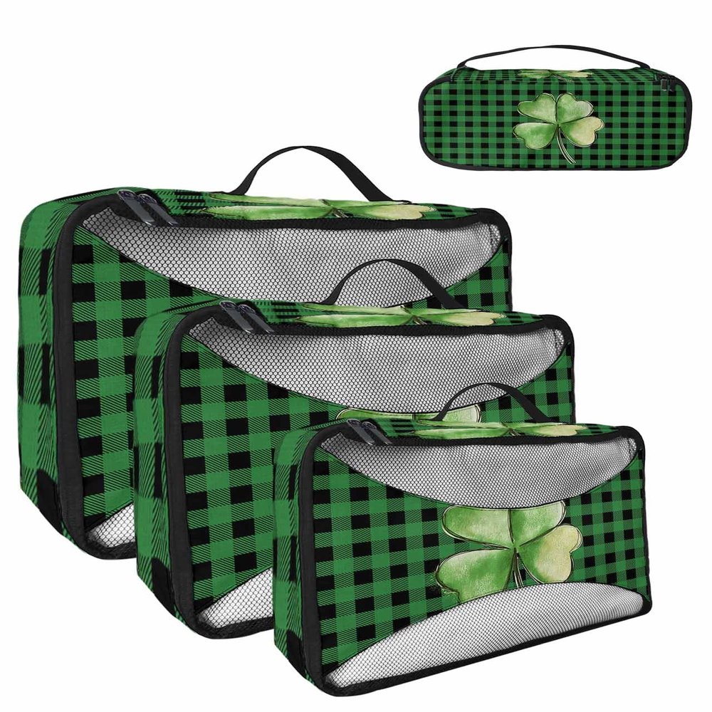 4 Set Packing Cubes for Travel Luggage Organizer Bags St. Patrick's Day Lucky Shamrock Green Plaid Travel Cubes for Carry on Suitcases Travel Bags Space Saving Travel Accessories (XL, L, M, S)