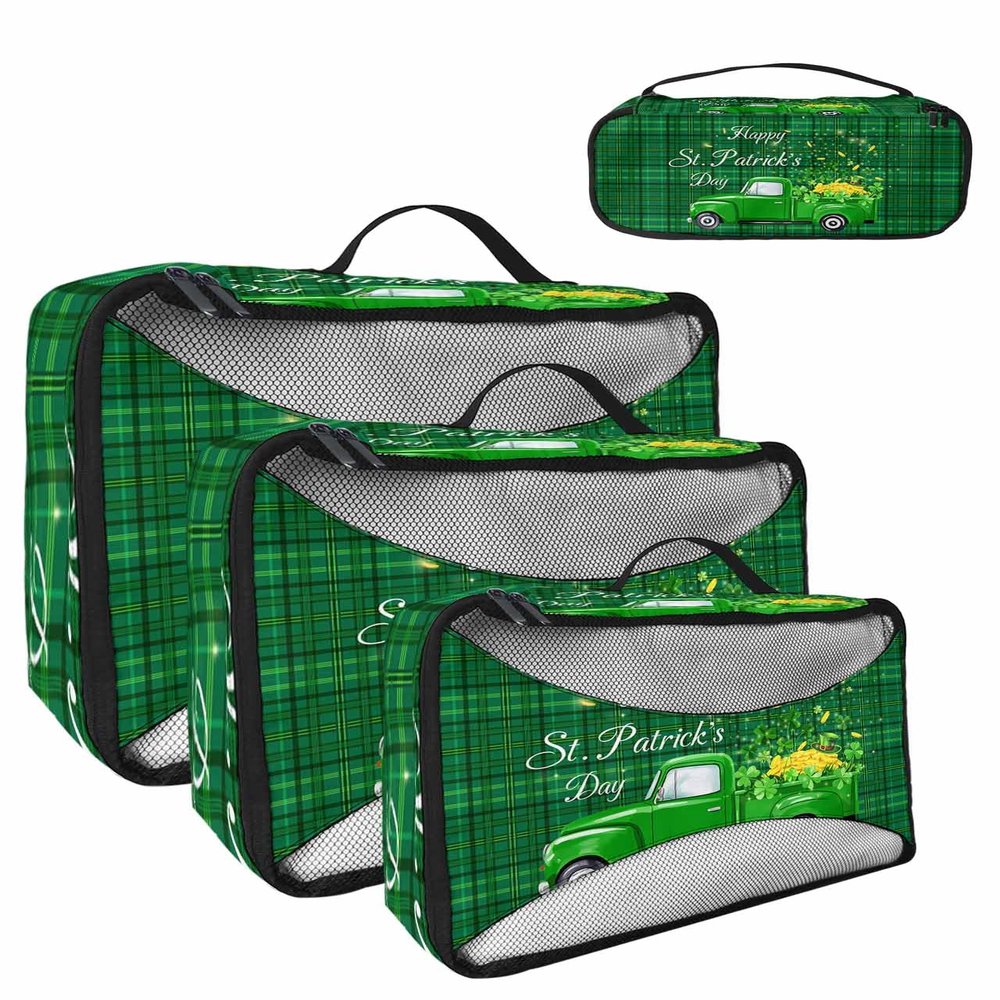 4 Set Packing Cubes for Travel Luggage Organizer Bags Happy St. Patrick's Day Truck with Gold Coin and Shamrocks Green Buffalo Plaid Travel Cubes for Carry on Suitcases Travel Accessories(XL,L,M,S)