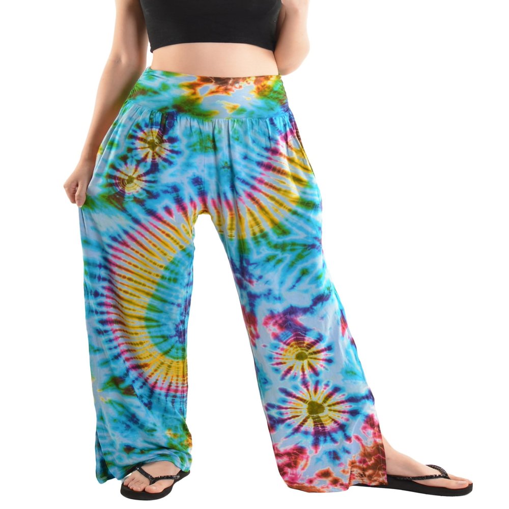 Orient Trail Women's Wide Leg Yoga Pants High Waist Casual Comfy Slit Leg Lounge Sweatpants with Pockets Oversized Plus Sizes XXL Long Tie Dye Sky