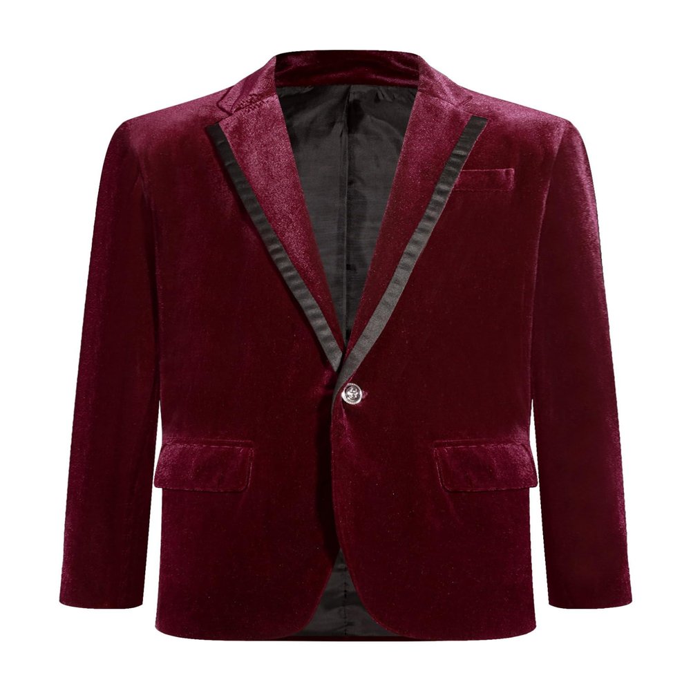ranrann Boy Formal Suit Jacket Outfit Velvet Blazer Sports Coat Birthday Party Slim Fit One Button Outwear Burgundy 14 Years