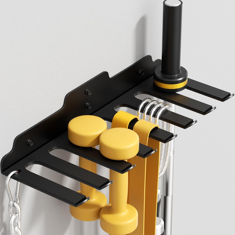 JNIHEEP Gym Home Storage Rack,Home Gym Accessories Hanger with 8 Hooks,Multi-Purpose Heavy Duty Rack for Resistance Bands Jump Ropes Lifting Belt Fitness Bands Barbells(Carabiners Included)