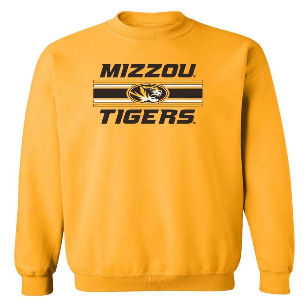 CornBorn Missouri Football Sweatshirt - Crewneck Fleece Horiz Stripe Mizzou Tigers - Gold - Large