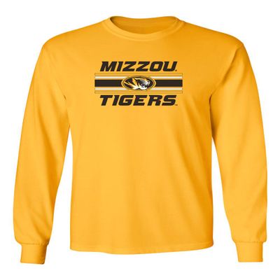 CornBorn Missouri Apparel Men Tee Shirt - Long Sleeve Horiz Stripe Mizzou Tigers - Gold - Large