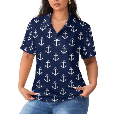 Naby Blue Anchor Women's Polo Shirts Short Sleeve T-Shirt Button Down Golf Shirt Casual Tee Tops XL