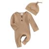 Infant Boys Girls Clothes Set Newborn Baby Romper Hat Ribbed Knit Long Sleeve Button Solid Bodysuit Jumpsuit (Khaki, 3-6 Months) view 1