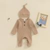Infant Boys Girls Clothes Set Newborn Baby Romper Hat Ribbed Knit Long Sleeve Button Solid Bodysuit Jumpsuit (Khaki, 3-6 Months) view 2
