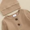 Infant Boys Girls Clothes Set Newborn Baby Romper Hat Ribbed Knit Long Sleeve Button Solid Bodysuit Jumpsuit (Khaki, 3-6 Months) view 3