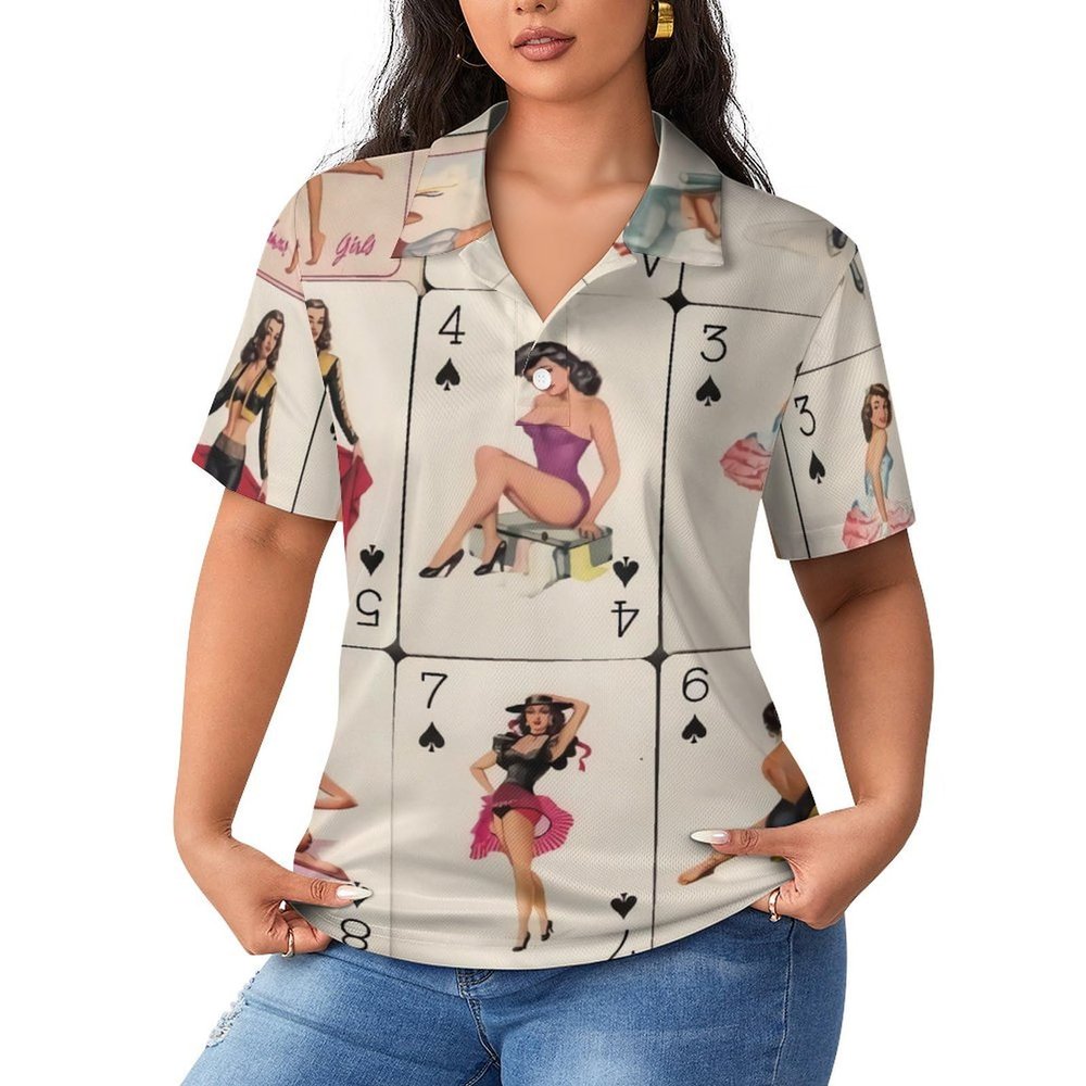 Poker Pinup Girls Women's Polo Shirts Short Sleeve T-Shirt Button Down Golf Shirt Casual Tee Tops XL