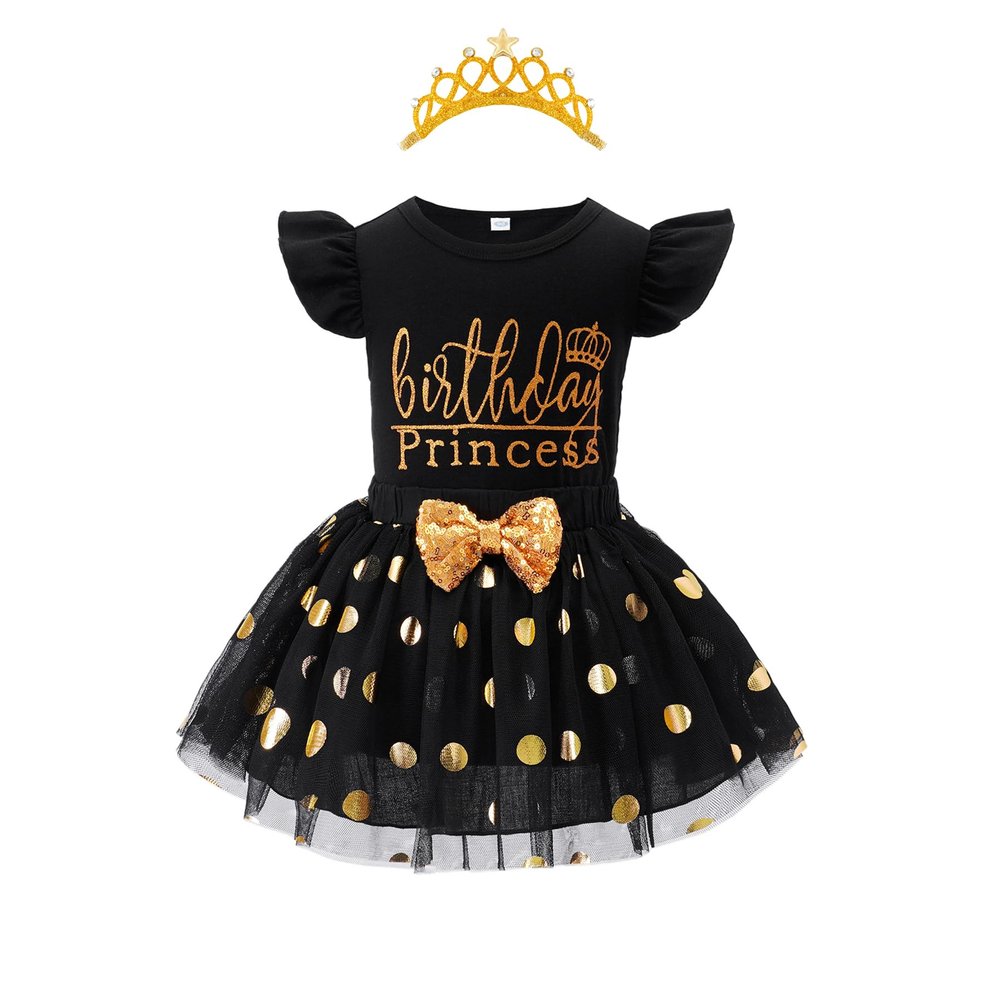 LYSMuch Girls Birthday Outfit Birthday Girls Shirt Princess Tutu Tulle Skirt Headband (Princess Black,18-24Months)