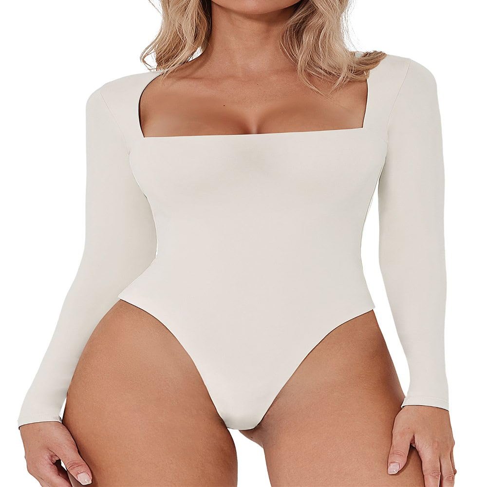 QINSEN Square Neck Long Sleeve Bodysuit for Women Double Lined Body-hugging Sexy Tops Splashed White XL
