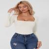 QINSEN Square Neck Long Sleeve Bodysuit for Women Double Lined Body-hugging Sexy Tops Splashed White XL view 4