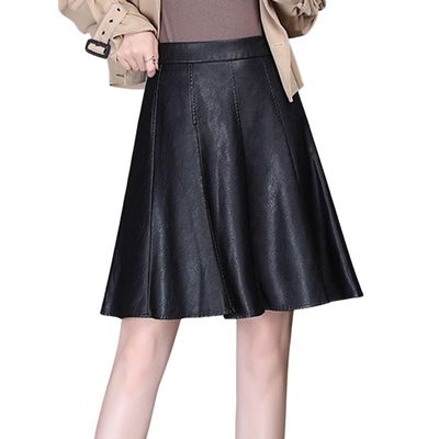 chouyatou Women's High Waisted Faux Leather Pleated Skirt A Line Knee Length Business Casual Midi Skirt (Large, Black)