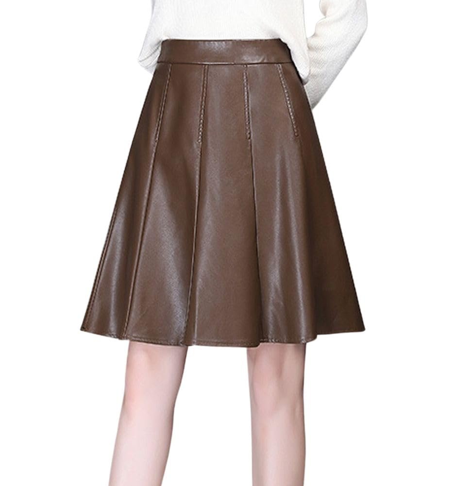 chouyatou Women's High Waisted Faux Leather Pleated Skirt A Line Knee Length Business Casual Midi Skirt (Small, Coffee)