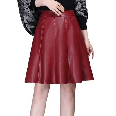 chouyatou Women's High Waisted Faux Leather Pleated Skirt A Line Knee Length Business Casual Midi Skirt (Small, Red)