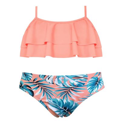 SHEKINI Girls Swimsuit 2 Piece Floral Printing Ruffle Flounce Bathing Suit Bikini Set Size 6-14 (Pink Leaf, 8-10 Years)
