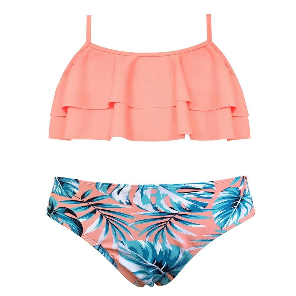 SHEKINI Girls Swimsuit 2 Piece Floral Printing Ruffle Flounce Bathing Suit Bikini Set Size 6-14 (Pink Leaf, 8-10 Years)