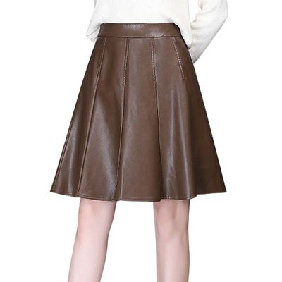 chouyatou Women's High Waisted Faux Leather Pleated Skirt A Line Knee Length Business Casual Midi Skirt (Medium, Coffee)