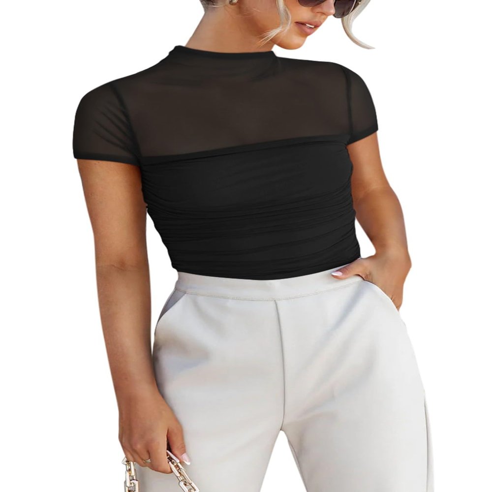 REORIA Womens Summer Sexy Mock Turtle Neck Short Sleeve Slimming Shirts Sheer Mesh Ruched Fashion Night Out Thong Body Suits Tops Black Plus Size XX-Large