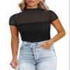 REORIA Womens Summer Sexy Mock Turtle Neck Short Sleeve Slimming Shirts Sheer Mesh Ruched Fashion Night Out Thong Body Suits Tops Black Plus Size XX-Large view 3