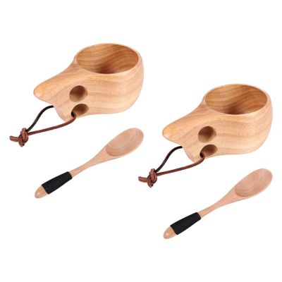 ALOEU 2Pack Nordic Style Wooden Cup Kuksa Cup Portable Outdoor Camping Drinking Mug Wooden Coffee Cup with Wooden Spoon