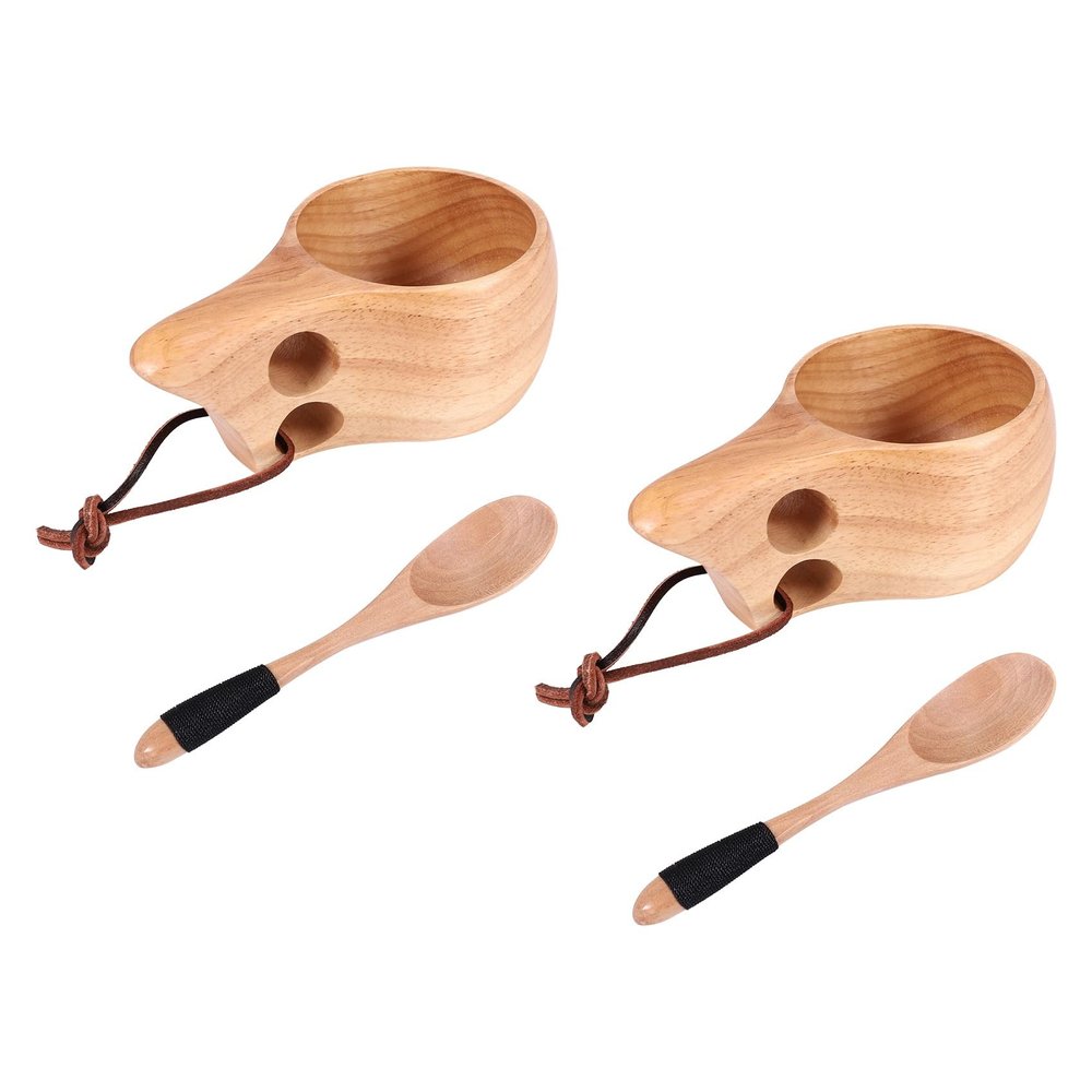 ALOEU 2Pack Nordic Style Wooden Cup Kuksa Cup Portable Outdoor Camping Drinking Mug Wooden Coffee Cup with Wooden Spoon