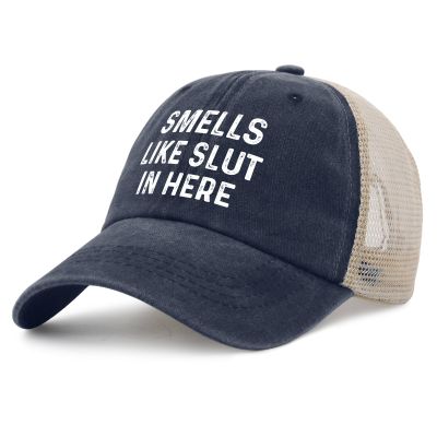 FUNGISDIN Smells Like Slut in HERE Hat Womens Trendy Funny Adult Humor Dad Hat Men Purplish Blue01 Ball Cap Fashion for Welder