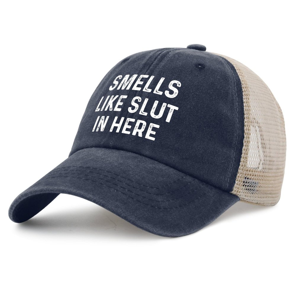 FUNGISDIN Smells Like Slut in HERE Hat Womens Trendy Funny Adult Humor Dad Hat Men Purplish Blue01 Ball Cap Fashion for Welder