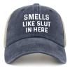 FUNGISDIN Smells Like Slut in HERE Hat Womens Trendy Funny Adult Humor Dad Hat Men Purplish Blue01 Ball Cap Fashion for Welder view 2