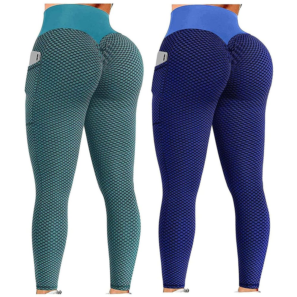 2PCS Leggings for Women High Waist Pack Women Seamless Leggings High Waist Workout Gym Yoga Pants Tummy Control Scrunch Butt Lifting Booty Compression Tights Y-Blue