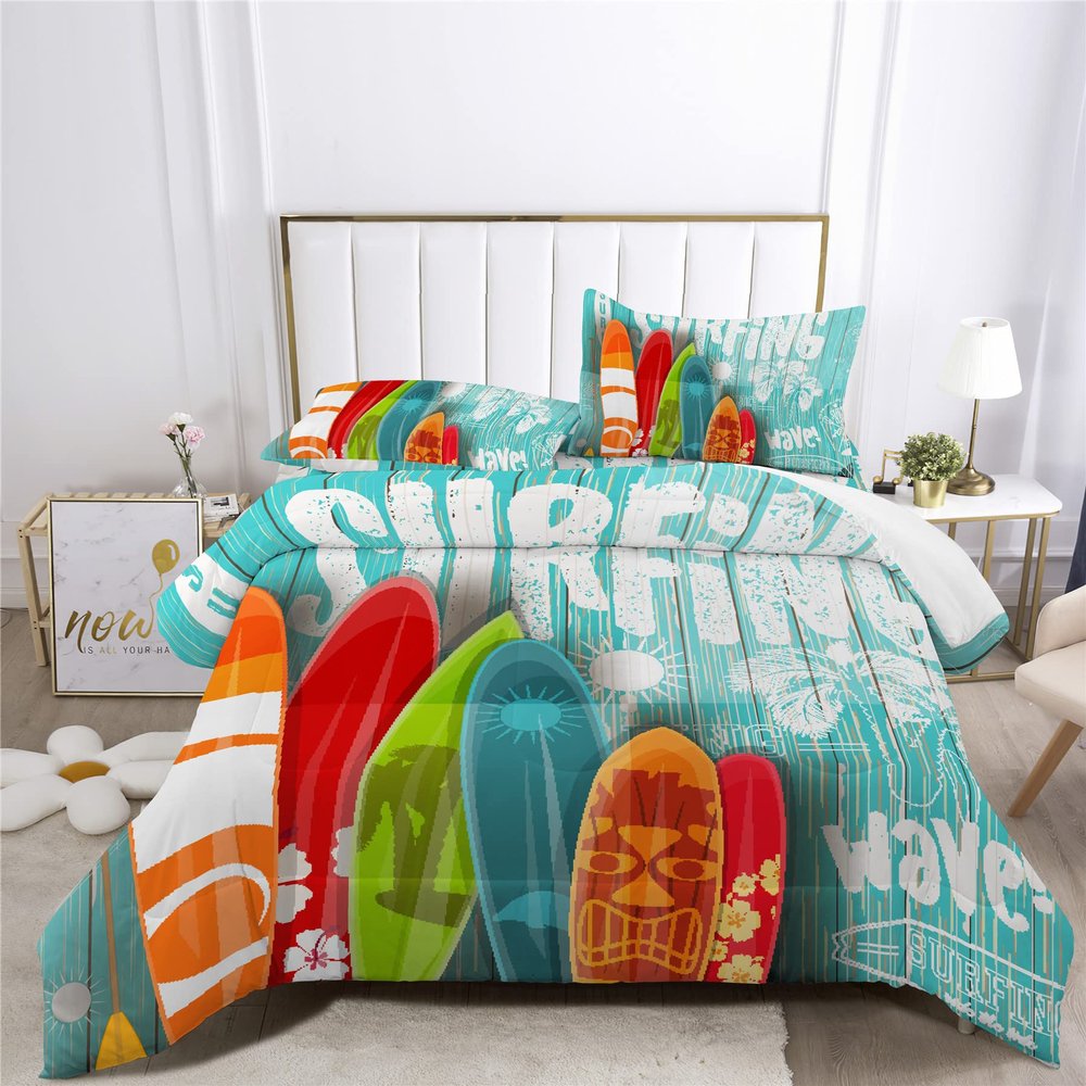 Surfboards Wave Bedding Set Bed in A Bag 7PCS Surfers Decoration Beach Summer Comforter Set,includ 1 Fitted Sheet + 1 Comforter + 4 Pillow Shams + 1 Flat Sheet (A,Full-Bed in A Bag-7PCS)