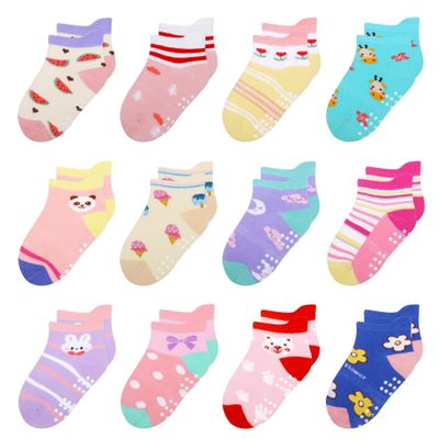 HYzgb Toddler Girls Socks 1T 2T 3T Non Slip Grips Baby Ankle Cotton Socks 12-18-24 Months with Grippers 12 Pairs for Girls 1-2-3 Years Old (Rabbit Style)