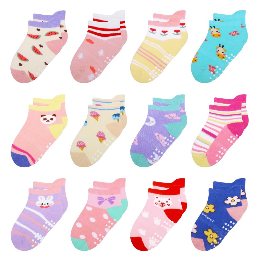 HYzgb Toddler Girls Socks 1T 2T 3T Non Slip Grips Baby Ankle Cotton Socks 12-18-24 Months with Grippers 12 Pairs for Girls 1-2-3 Years Old (Rabbit Style)