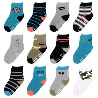 HYzgb Toddler Socks Boys 1T 2T 3T with Grips Non Slip Baby Grippers Cotton Socks 12-24 Months Crew 12 Pairs for Toddler Children 1-2-3 Years Old (Dinosaur Stripe Style)