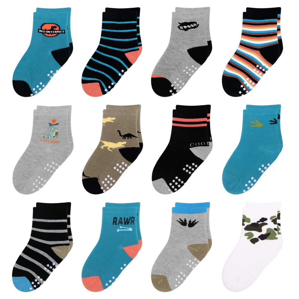 HYzgb Toddler Socks Boys 1T 2T 3T with Grips Non Slip Baby Grippers Cotton Socks 12-24 Months Crew 12 Pairs for Toddler Children 1-2-3 Years Old (Dinosaur Stripe Style)