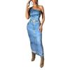 GHAKKE 2024 Women's Fashion Denim Printed Dress Sexy One Shoulder Sleeveless Bodycon Stretch Maxi Dress Trendy Streetwear (Color : Blue, Size : X-Large) view 1