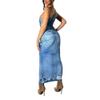 GHAKKE 2024 Women's Fashion Denim Printed Dress Sexy One Shoulder Sleeveless Bodycon Stretch Maxi Dress Trendy Streetwear (Color : Blue, Size : X-Large) view 2