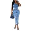 GHAKKE 2024 Women's Fashion Denim Printed Dress Sexy One Shoulder Sleeveless Bodycon Stretch Maxi Dress Trendy Streetwear (Color : Blue, Size : X-Large) view 3