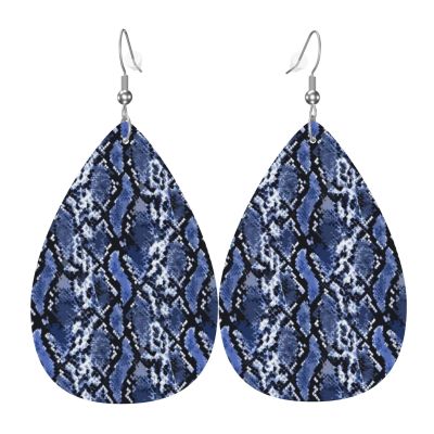 Women Fashion Teardrop Earrings Blue Snake Skin Texture Leather Earrings 3d Pattern Printed Dangle Drop Earrings