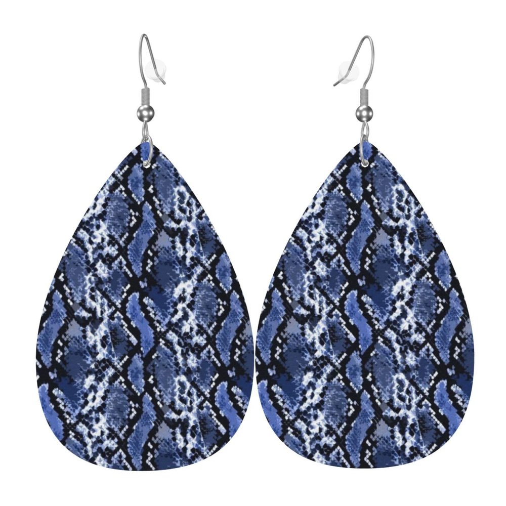 Women Fashion Teardrop Earrings Blue Snake Skin Texture Leather Earrings 3d Pattern Printed Dangle Drop Earrings
