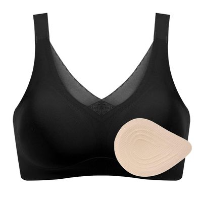 Mastectomy Bra Women Seamless Post-Surgery Special Bra Full Coverage Pocket Bralette Wireless Sexy Sleep Brasieres (Color : Black, Size : Large)