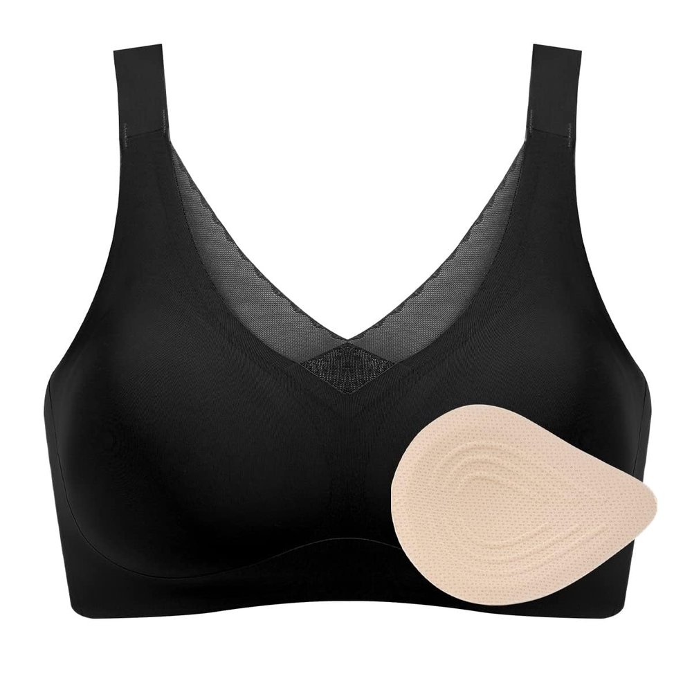 Mastectomy Bra Women Seamless Post-Surgery Special Bra Full Coverage Pocket Bralette Wireless Sexy Sleep Brasieres (Color : Black, Size : Large)