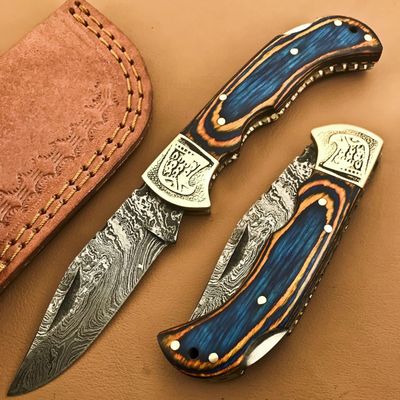 handmade Damascus steel folding blade Pocket knife ideal outdoor Camping hunting Lockback grip handle eagle engraved bolster Leather sheath