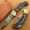 handmade Damascus steel folding blade Pocket knife ideal outdoor Camping hunting Lockback grip handle eagle engraved bolster Leather sheath view 1