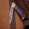 handmade Damascus steel folding blade Pocket knife ideal outdoor Camping hunting Lockback grip handle eagle engraved bolster Leather sheath view 2