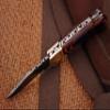 handmade Damascus steel folding blade Pocket knife ideal outdoor Camping hunting Lockback grip handle eagle engraved bolster Leather sheath view 3