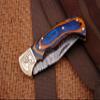 handmade Damascus steel folding blade Pocket knife ideal outdoor Camping hunting Lockback grip handle eagle engraved bolster Leather sheath view 4