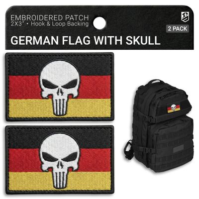Bluyellow 2-Pack German Flag Skull Patch Embroidered Skull on German Flag Patch Hook and Loop Tactical Patches for Military Backpack Tactical Vest Dog Vest Airsoft Patch 2x3