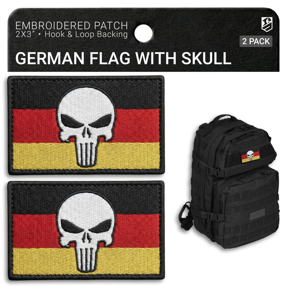 Bluyellow 2-Pack German Flag Skull Patch Embroidered Skull on German Flag Patch Hook and Loop Tactical Patches for Military Backpack Tactical Vest Dog Vest Airsoft Patch 2x3